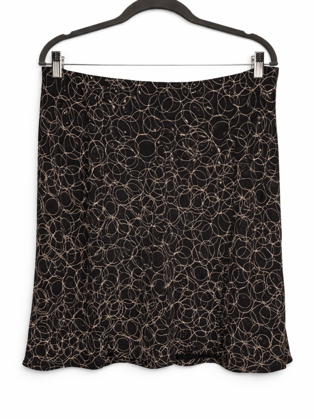 i.e. 100% Silk Midi Skirt Black Abstract Print Flowy Office Chic